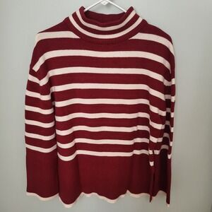 Women Medium Turtleneck‎ Long Sleeve Striped Side Slit Maroon White Sweater